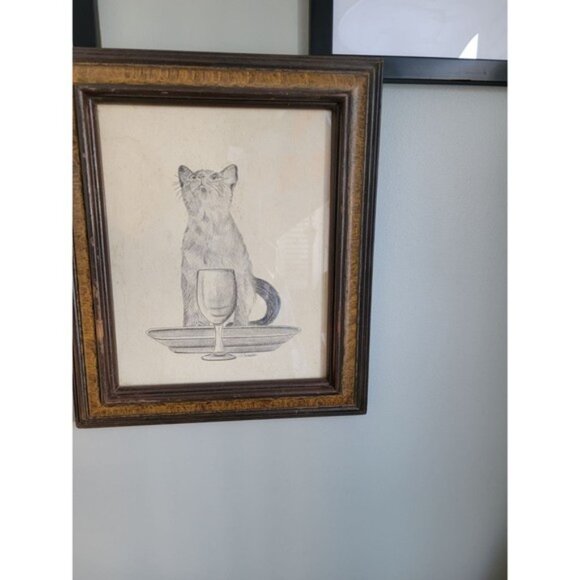 Vintage CAT Picture Drawing Pencil Sketch Wood Framing J. Camillo Artist Signed - Picture 4 of 5